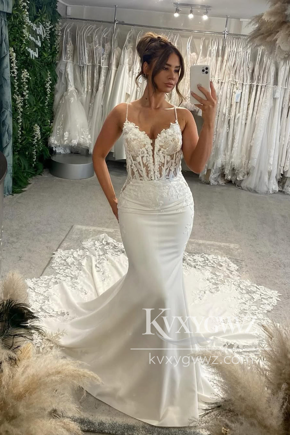Bohemian Mermaid V Neck Satin Long Wedding Dresses Gown with Appliques HS806
