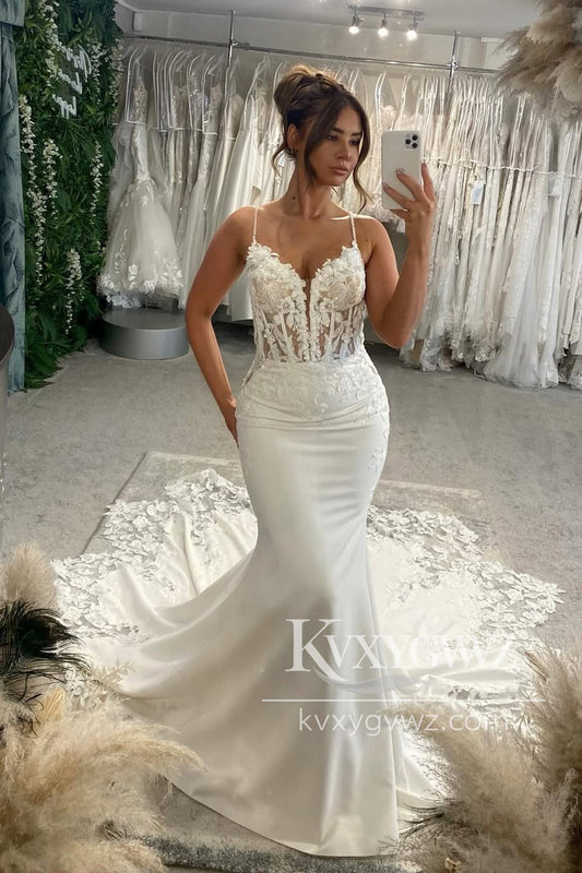 Bohemian Mermaid V Neck Satin Long Wedding Dresses Gown with Appliques HS806