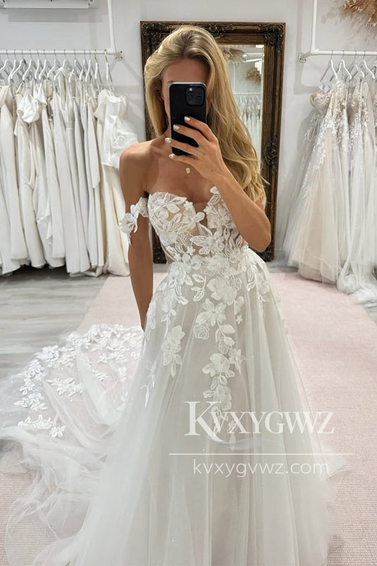 Modern A Line Off the Shoulder Tulle Wedding Dresses Gown with Appliques HS807