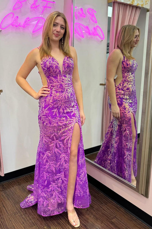 Purple Sequins Lace V Neck Mermaid Long Prom Dress Gown with Slit LF1094
