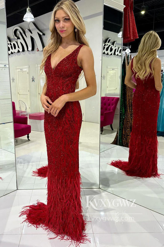 Mermaid V Neck Dark Red Evening Gown Sequins Long Prom Dress with Feather LF808