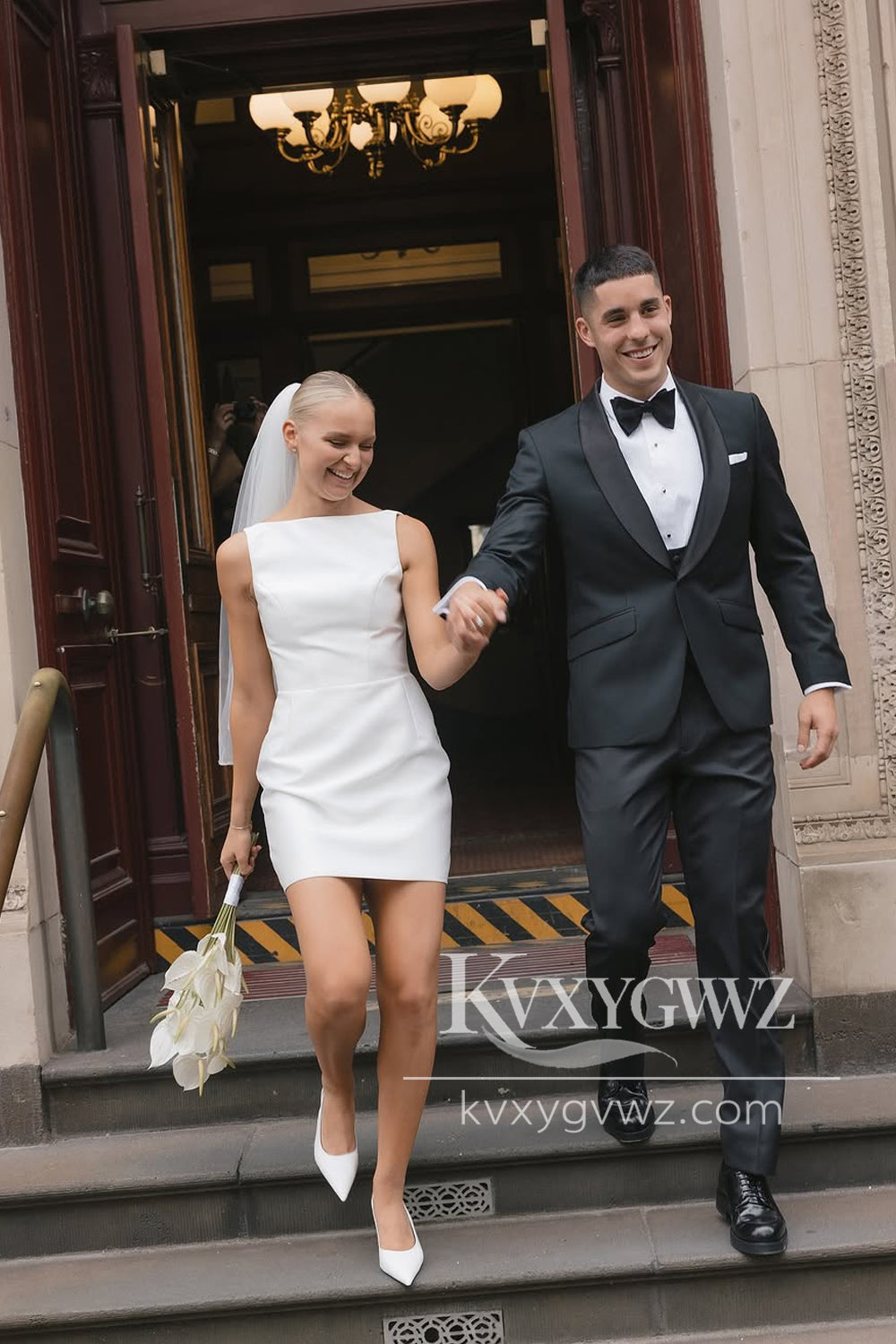 Sheath Boat Neck Satin Short Wedding Dresses Gown HS808