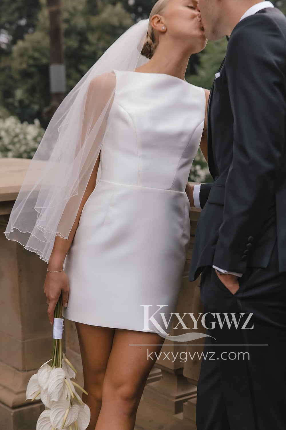 Sheath Boat Neck Satin Short Wedding Dresses Gown HS808
