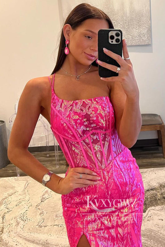 Mermaid One Shoulder Evening Gown Fuchsia Sequins Lace Long Prom Dress LF809