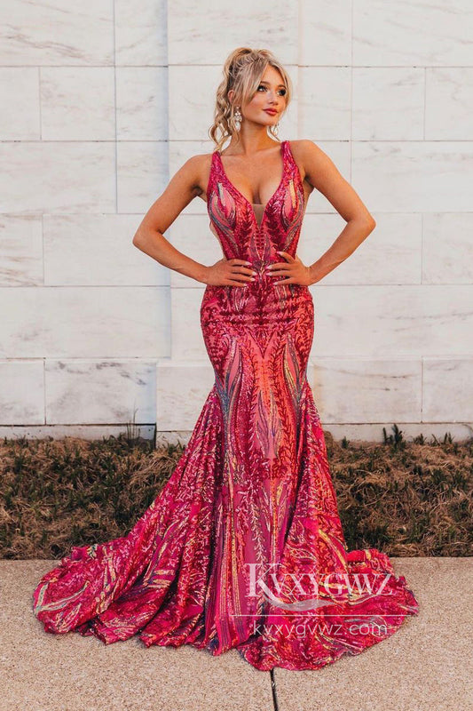 Mermaid Sexy V Neck Evening Gown Fuchsia Sequins Long Prom Dress LF810