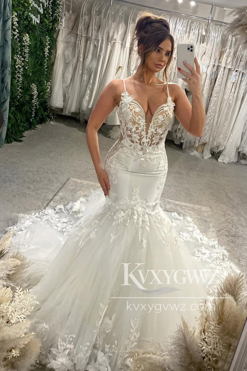 Dazzling Mermaid V Neck Tulle Long Wedding Dresses Gown with Appliques HS810
