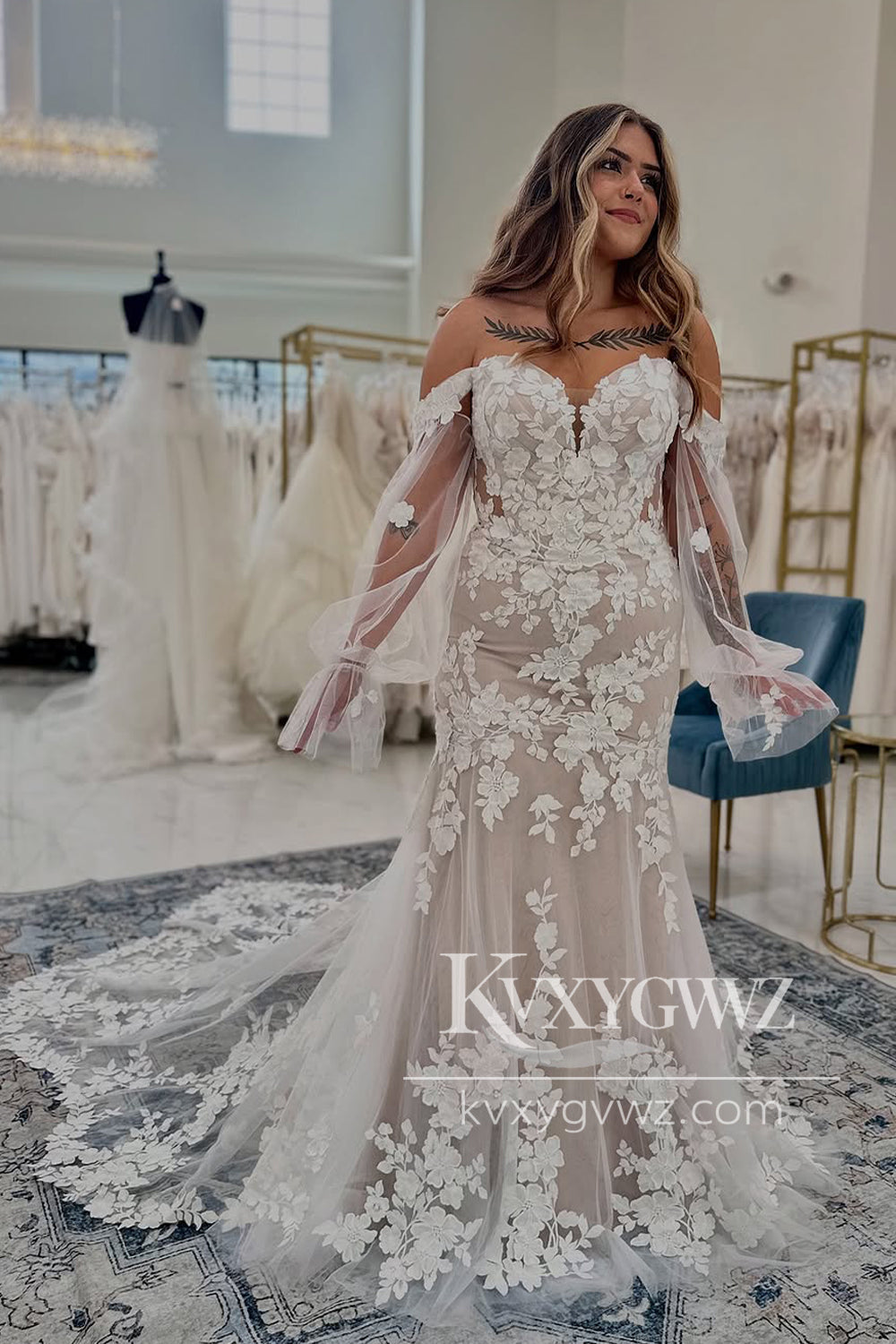 Mermaid Sweetheart Tulle Lace Wedding Dresses Gown with Detachable Sleeves HS811