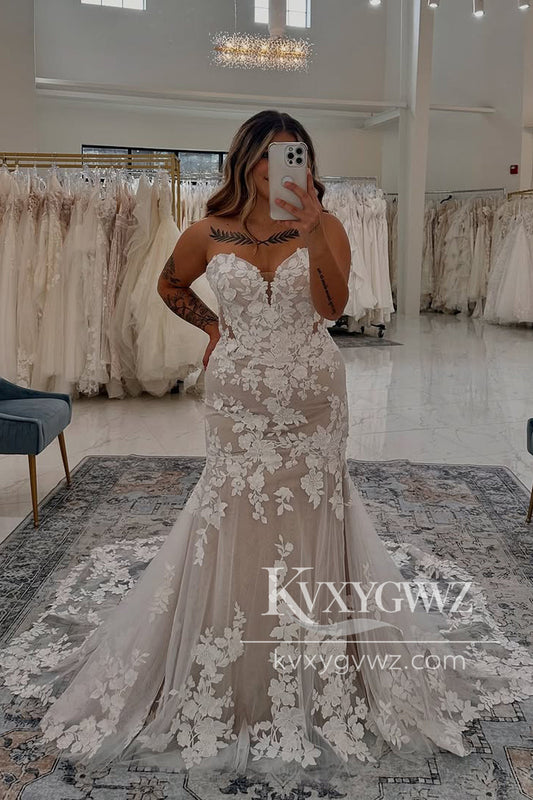 Mermaid Sweetheart Tulle Lace Wedding Dresses Gown with Detachable Sleeves HS811