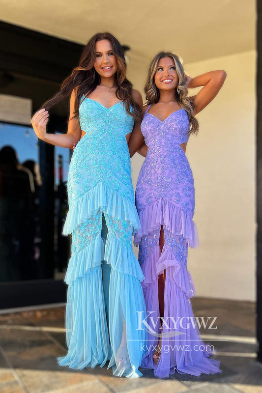 Light Blue Sequin Evening Gown Lace V Neck Mermaid Long Prom Dress with Slit LF812