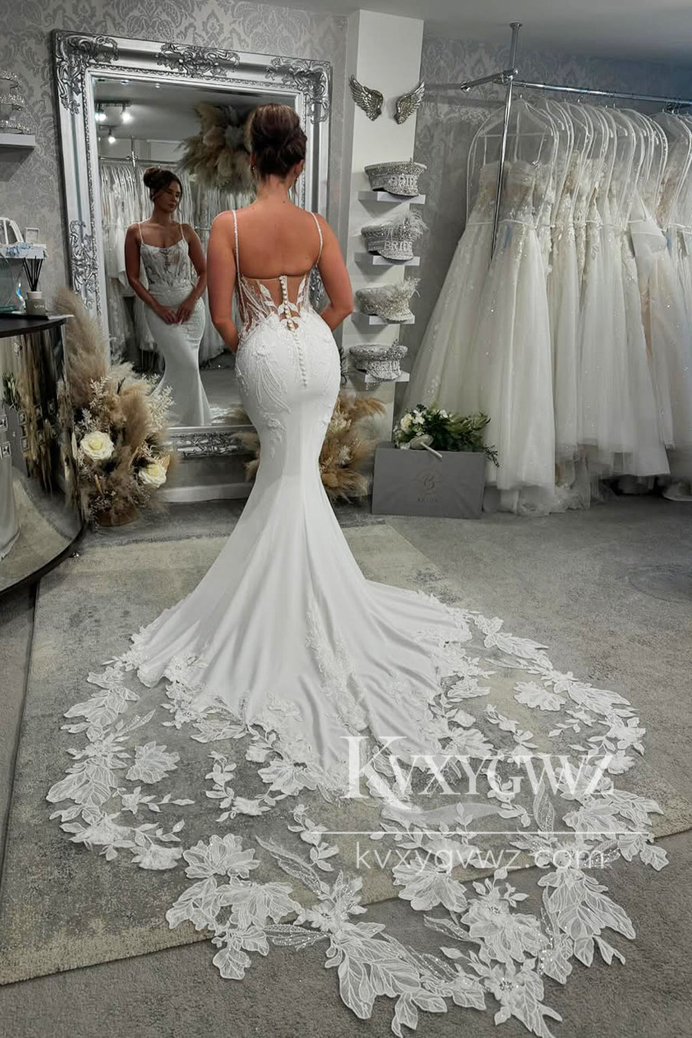 Romantic Mermaid Straps Elastic Satin Wedding Dresses Gown with Appliques HS813