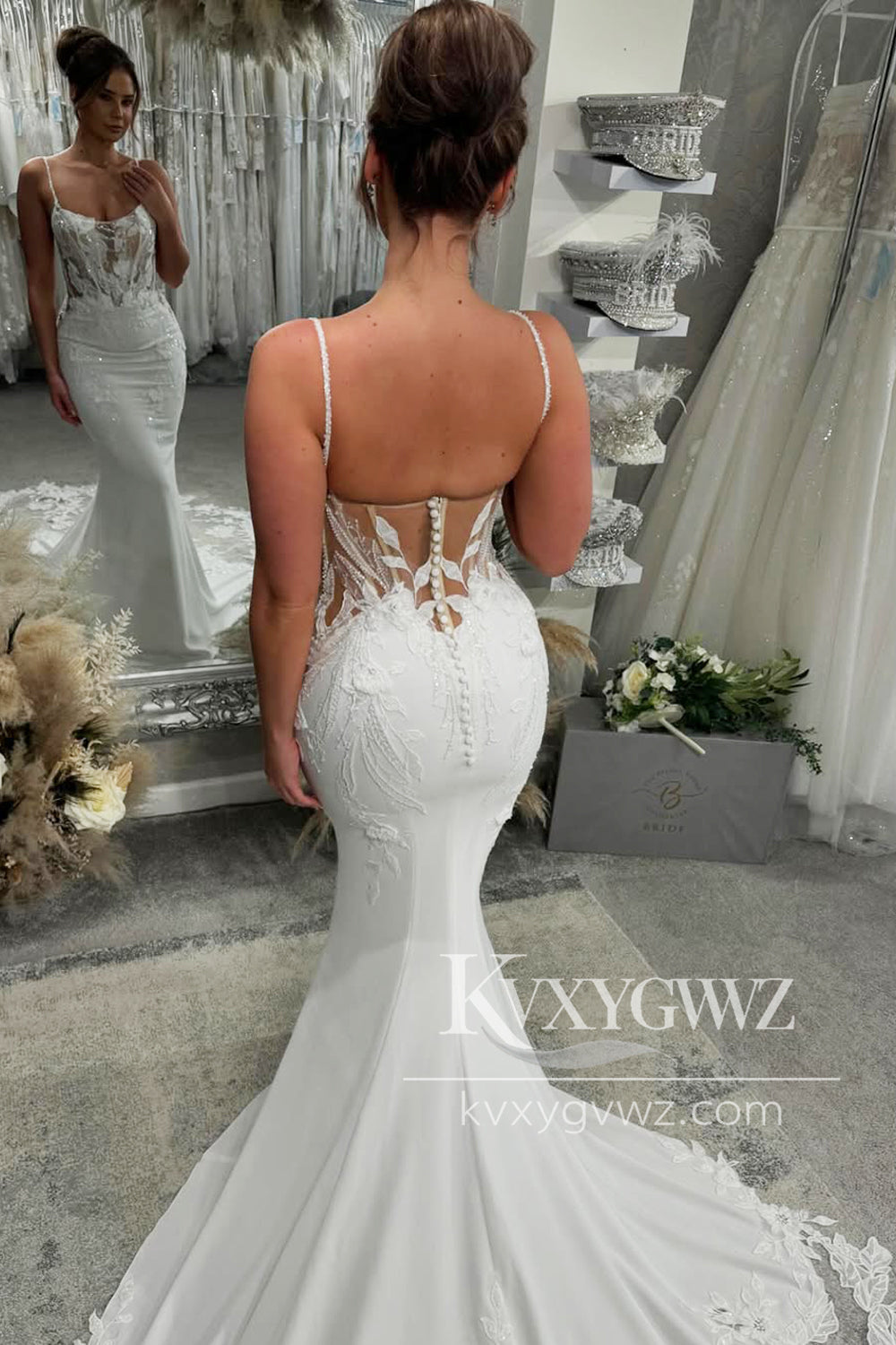 Romantic Mermaid Straps Elastic Satin Wedding Dresses Gown with Appliques HS813