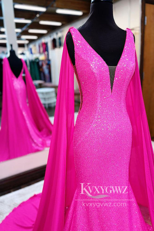 Deep V-neck Hot Pink Mermaid Evening Gown Conspicuous Sequins Prom Dress LF814