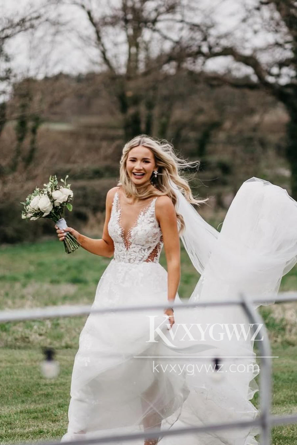 Boho A Line V Neck Tulle Wedding Dresses Gown with Appliques HS815