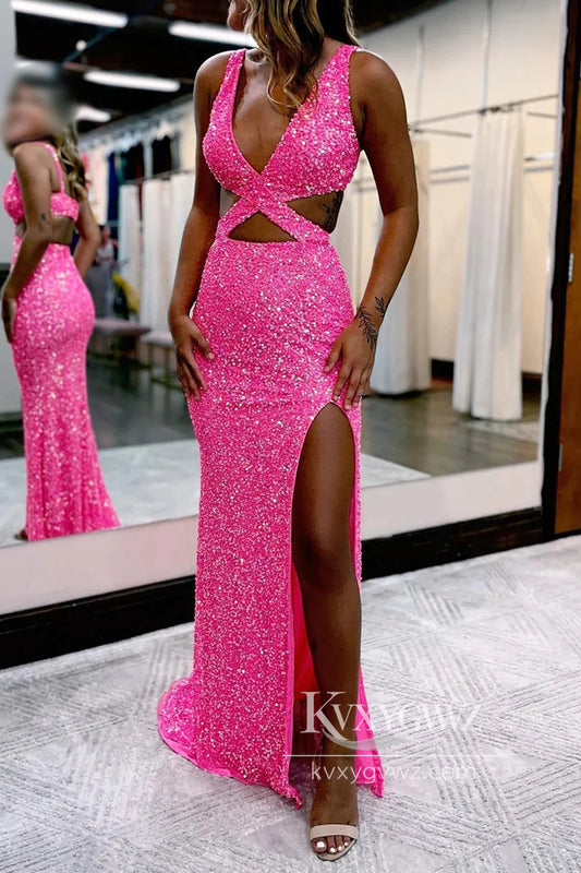 Hot Pink Sequins Evening Gown Hollow-Out Mermaid Prom Dress With Slit LF816