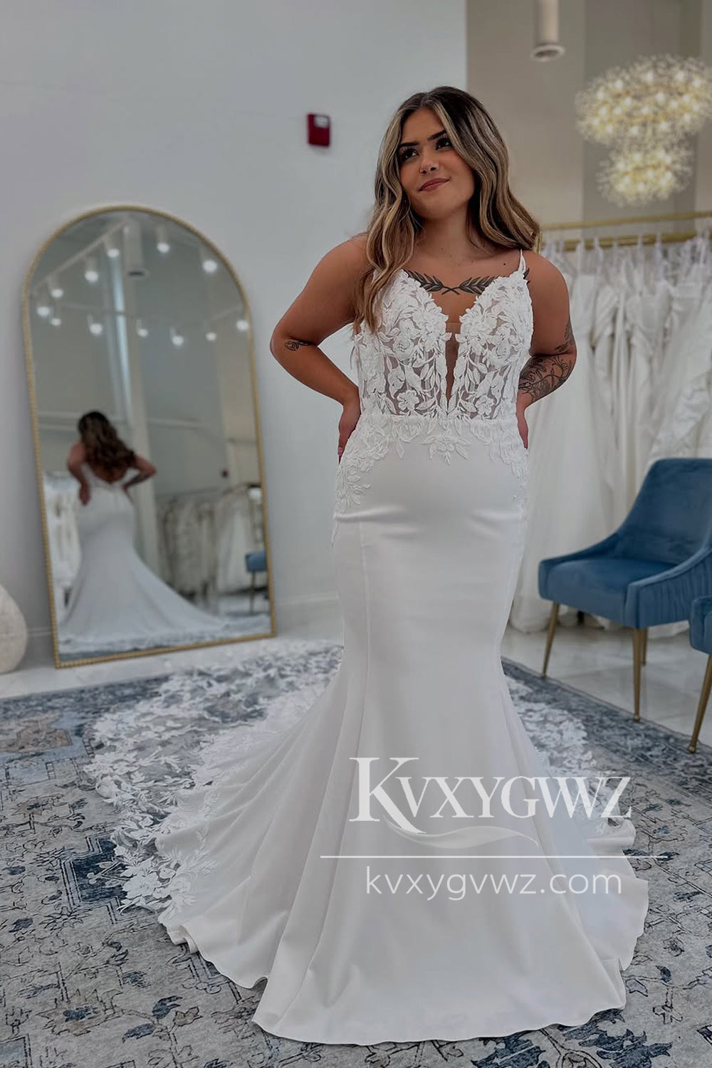 Mermaid V Neck White Satin Lace Wedding Dresses Gown with Train HS816