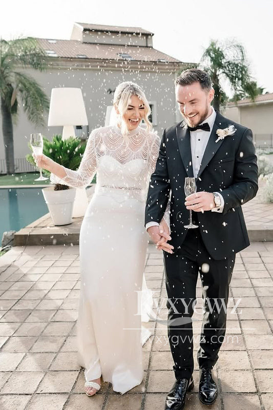 Dazzling Mermaid Round Neck Long Sleeves Wedding Dresses Gown with Lace Top HS817