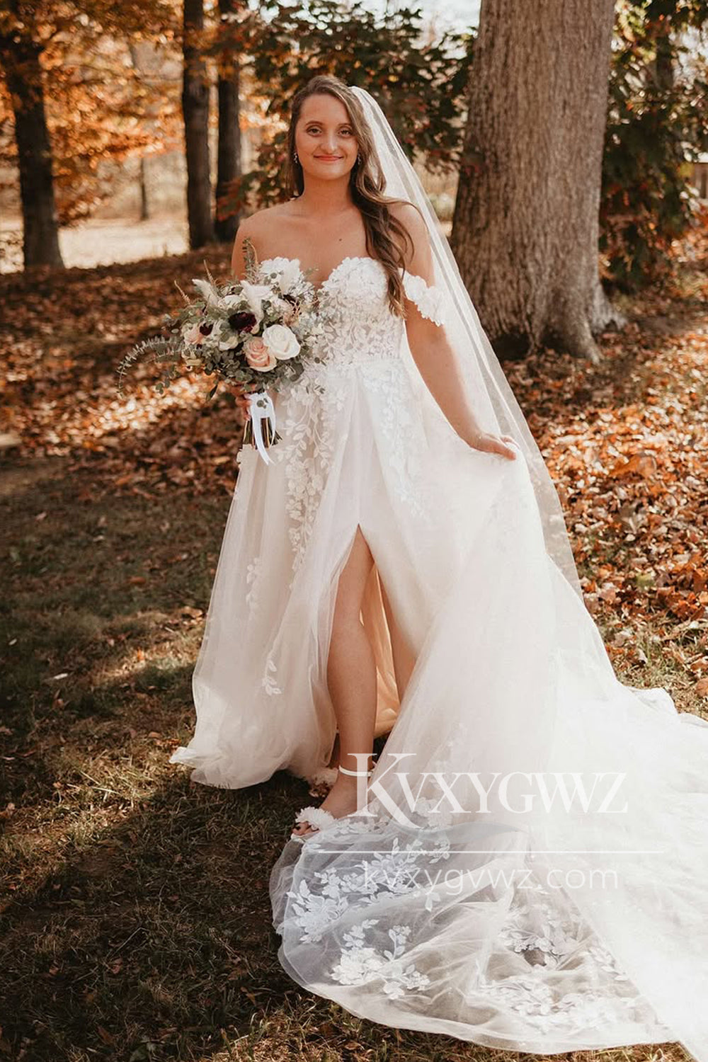 A-Line Off the Shoulder White Tulle Wedding Dresses Gown with Appliques HS818