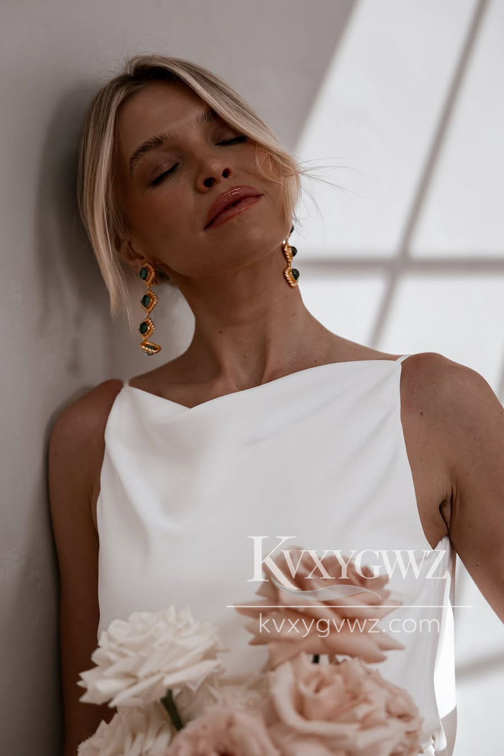 Mermaid Cowl Neck White Silk Satin Wedding Dresses Gown With Sweep Train HS819