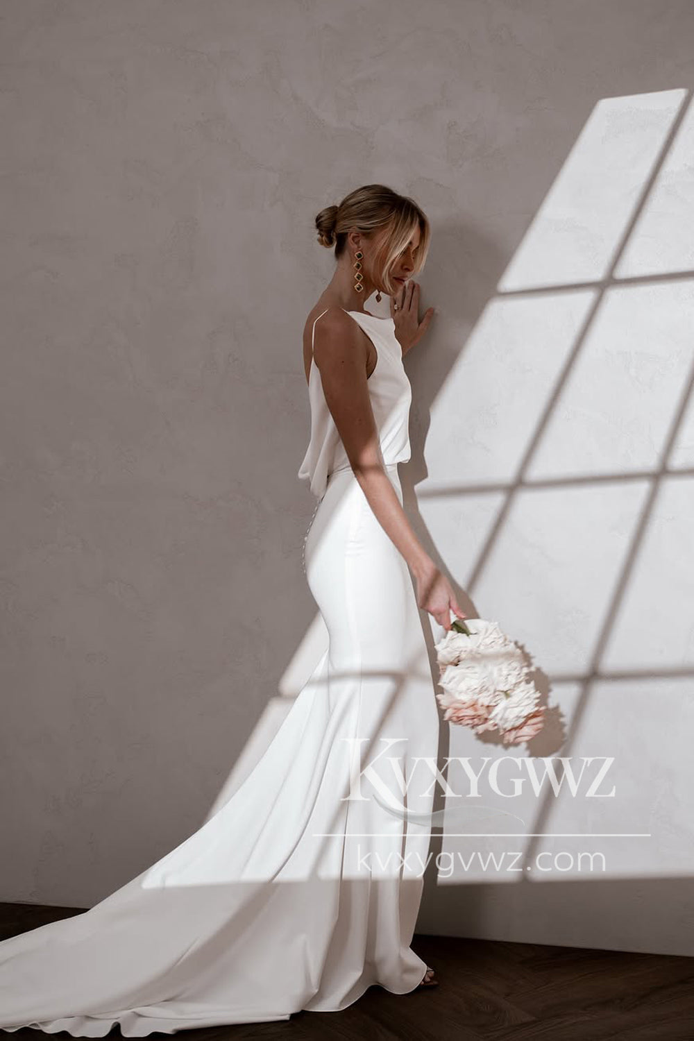 Mermaid Cowl Neck White Silk Satin Wedding Dresses Gown With Sweep Train HS819