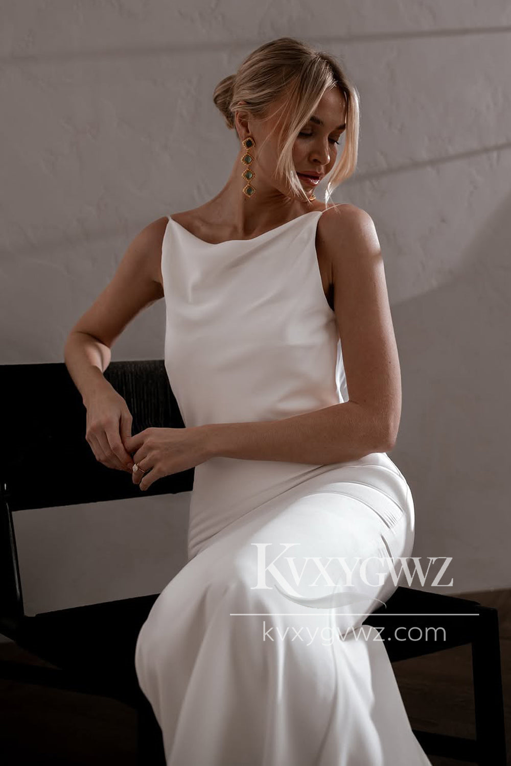Mermaid Cowl Neck White Silk Satin Wedding Dresses Gown With Sweep Train HS819