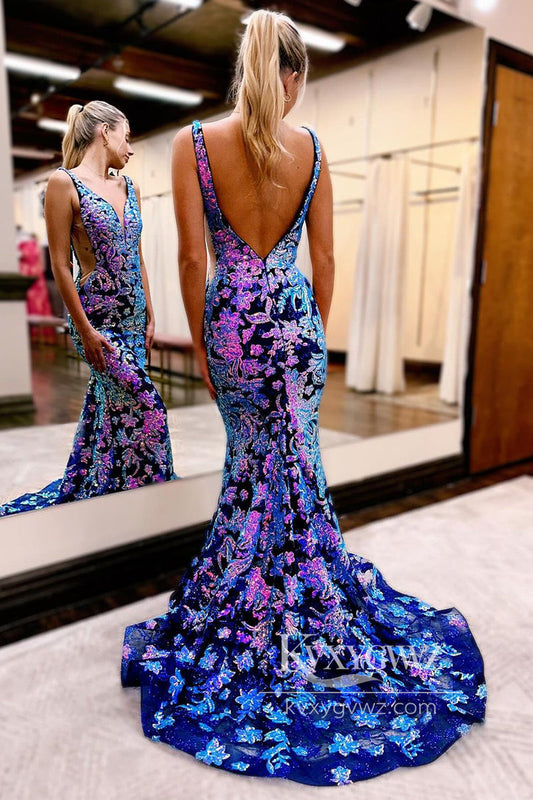 Mermaid Navy Blue Evening Gown V Neck Sequin Lace Sweep Train Long Prom Dress LF820