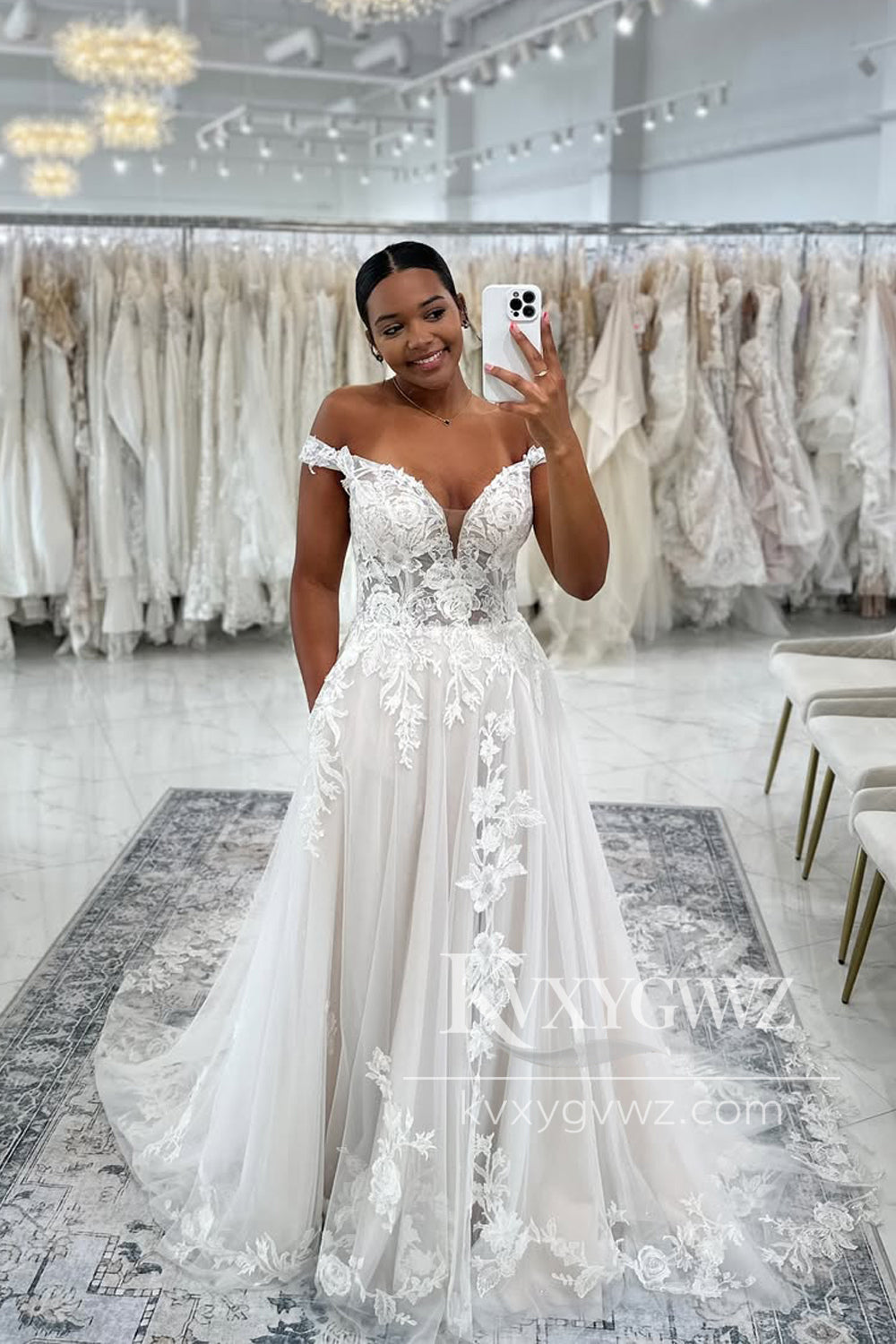 Boho A Line Off the Shoulder Tulle Wedding Dresses Gown with Appliques HS820