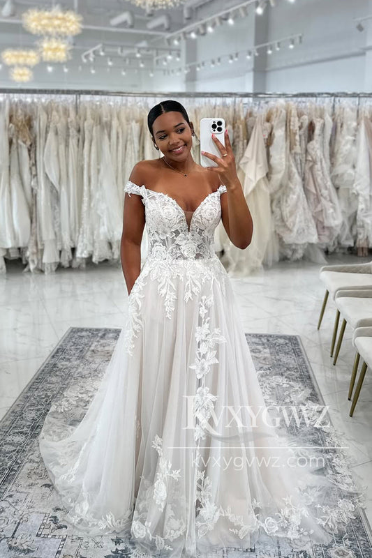 Boho A Line Off the Shoulder Tulle Wedding Dresses Gown with Appliques HS820