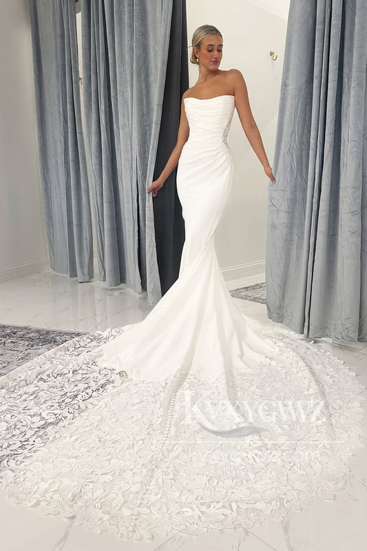 Mermaid Strapless White Satin Wedding Dresses Gown with Lace Appliques HS821