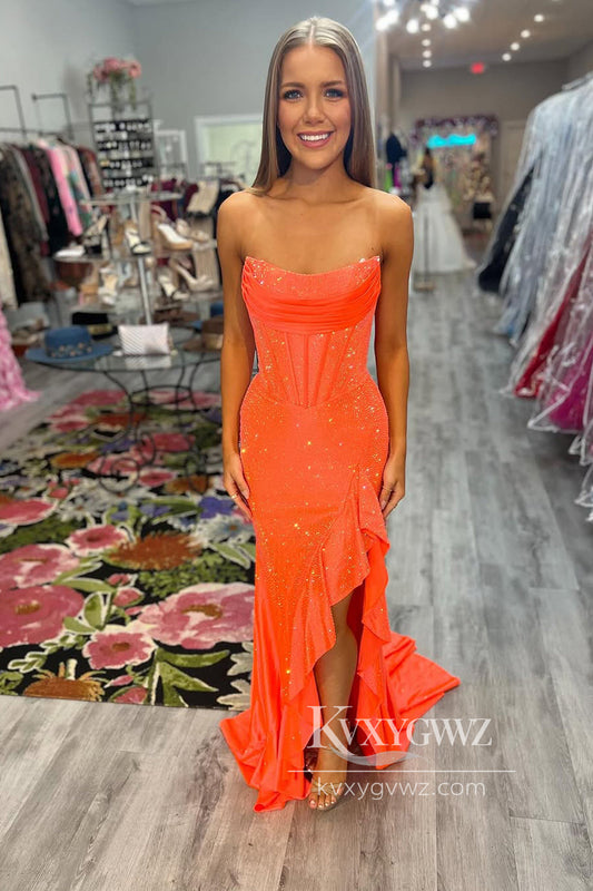 Stunning Mermaid Evening Gown Scoop Neck Slit Prom Dress with Beading LF823