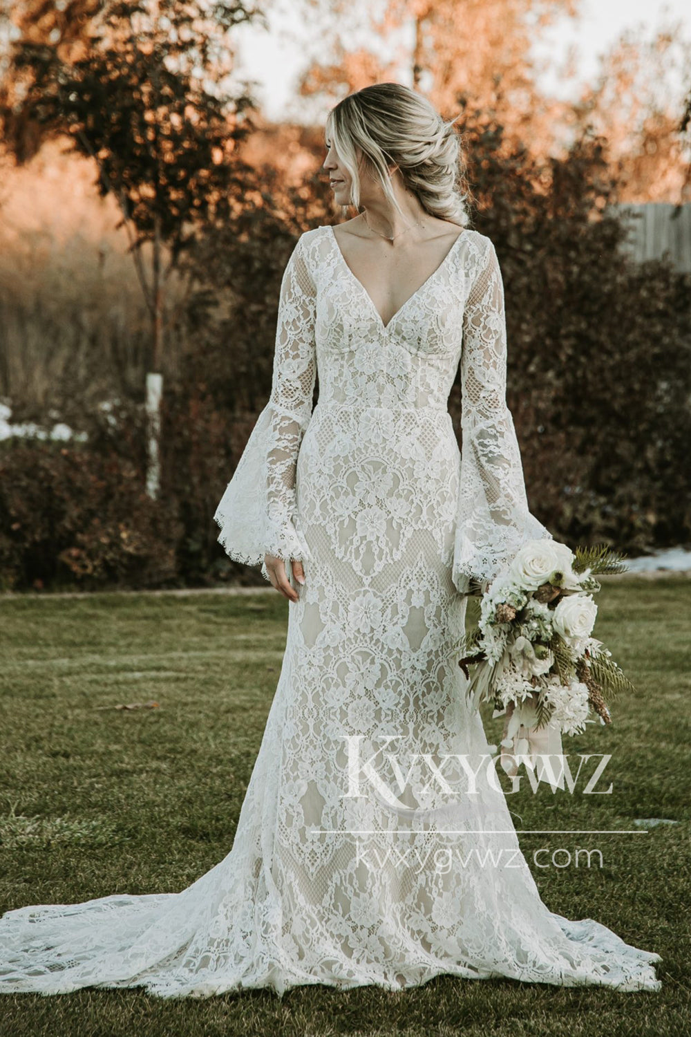 Boho Mermaid V Neck Lace Wedding Dresses Gown with Appliques HS823