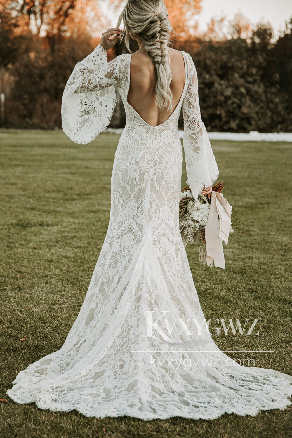 Boho Mermaid V Neck Lace Wedding Dresses Gown with Appliques HS823