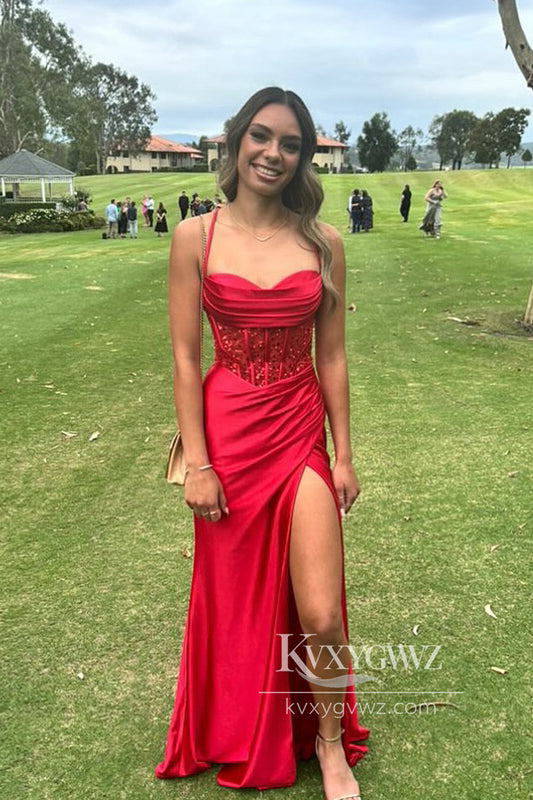 Stunning Mermaid Scoop Neck Evening Gown Red Satin Slit Prom Dress with Appliques LF824