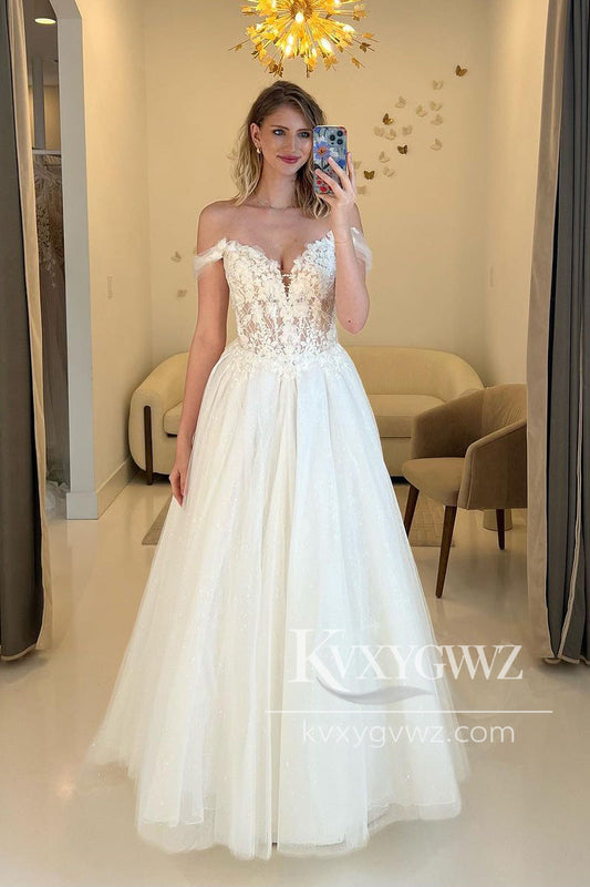 A-Line Off the Shoulder Tulle Wedding Dresses Gown with Appliques HS825