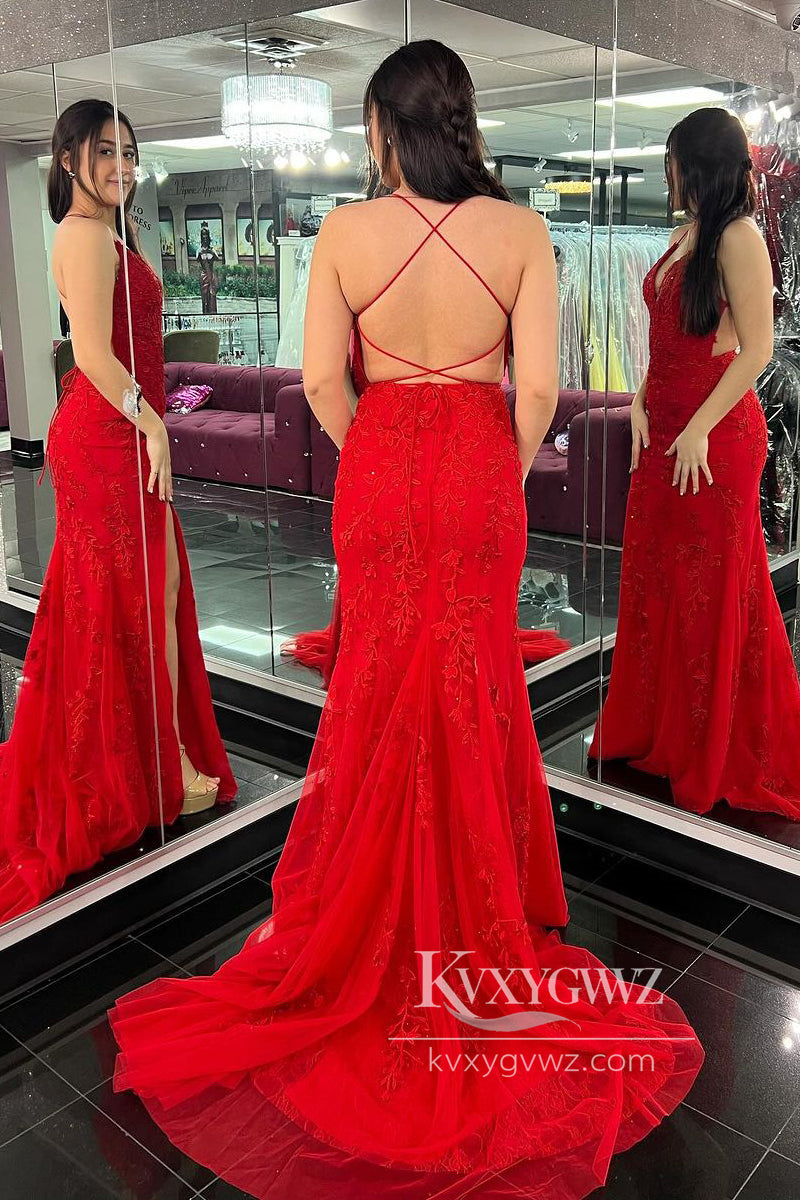 Mermaid V Neck Red Evening Gown Tulle Lace Long Prom Dress with Slit LF826