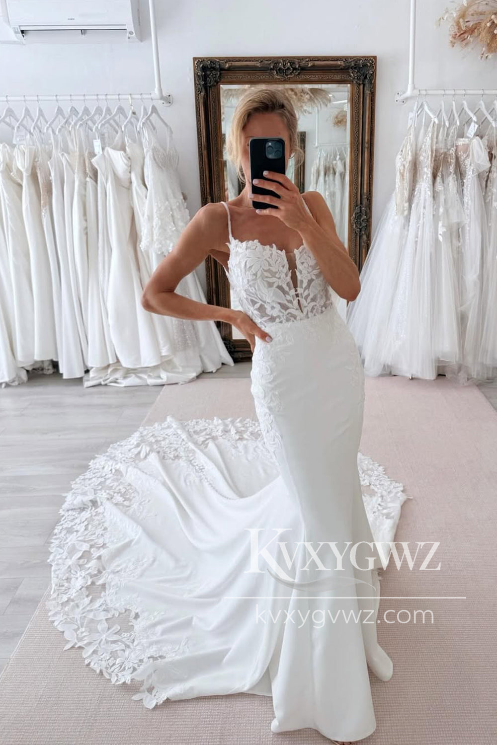 Bohemian Mermaid V Neck Satin Long Wedding Dresses Gown with Appliques HS826