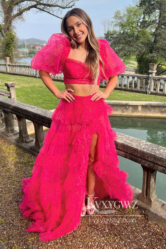 Fuchsia Two Piece Sweetheart t Evening Gown Conspicuous Tulle Long Prom Dress with Slit LF827