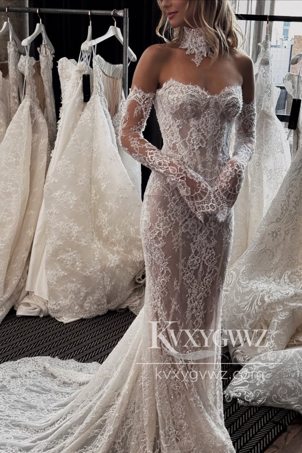 Luxurious Mermaid Sweetheart Lace Beach Wedding Dresses Gown with Long Sleeves HS828