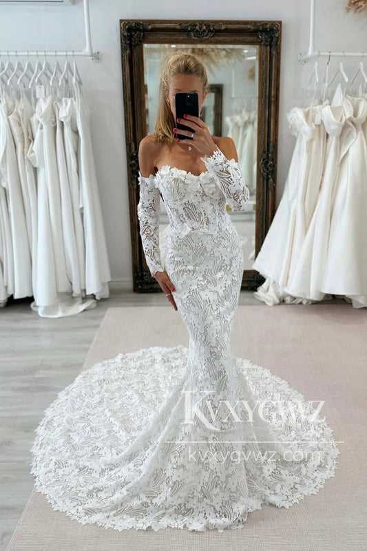 Graceful Mermaid Lace Long Wedding Dresses Gown with Appliques HS829