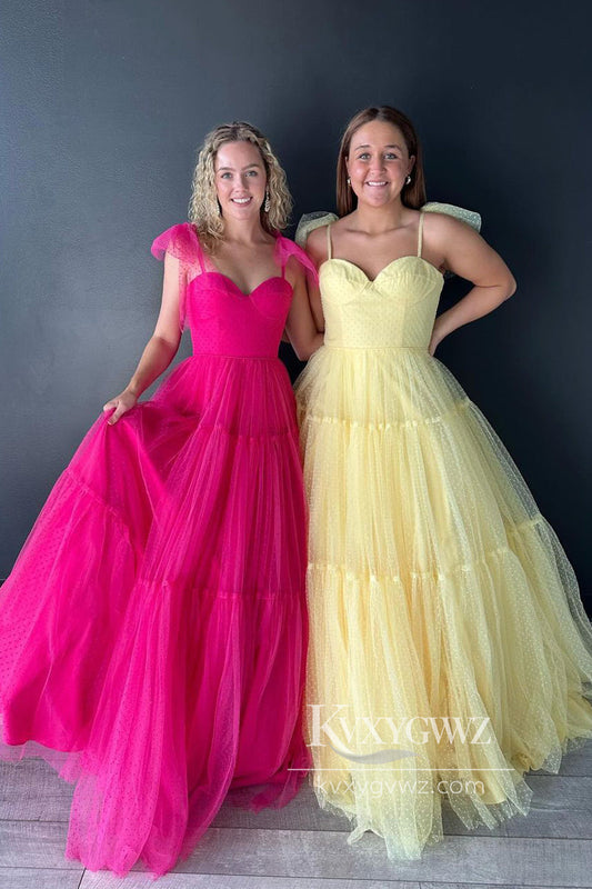 Fuchsia Sweetheart Tie Straps Evening Gown Tulle A-Line Long Prom Dress LF829