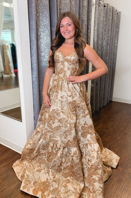 Ball Gown Strapless Gold Jacquard Satin Long Prom Dress Gown LF1194
