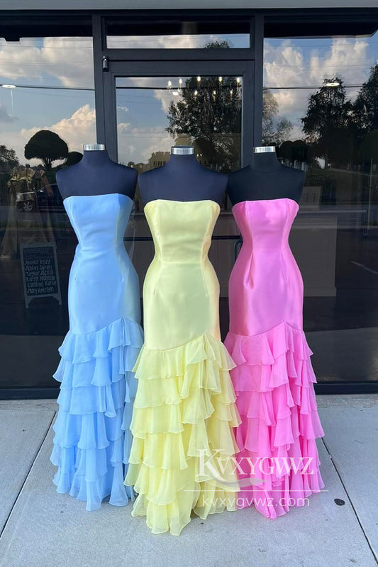Stunning Sheath Strapless Evening Gown Satin Tiered Chiffon Prom Dress LF830