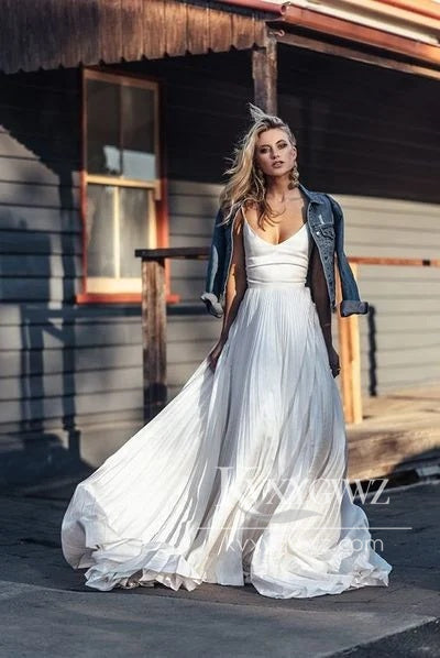 Romantic A Line V Neck Pleat Satin Wedding Dresses Gown HS830