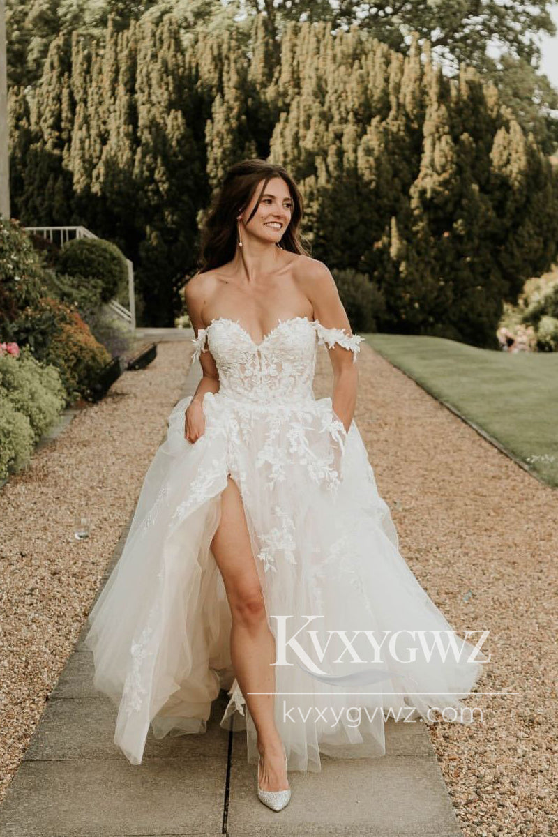 A-Line Off the Shoulder Tulle Appliques Wedding Dresses Gown HS831