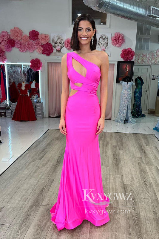 Fuchsia One Shoulder Evening Gown Cutout Mermaid Long Prom Dress LF832