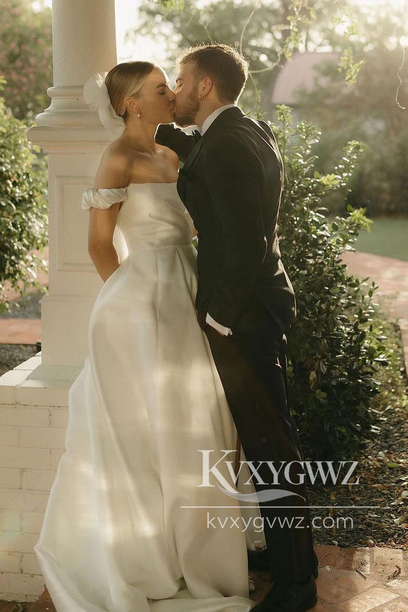 A-Line Satin Off the Shoulder Wedding Dresses Gown with Pockets HS832