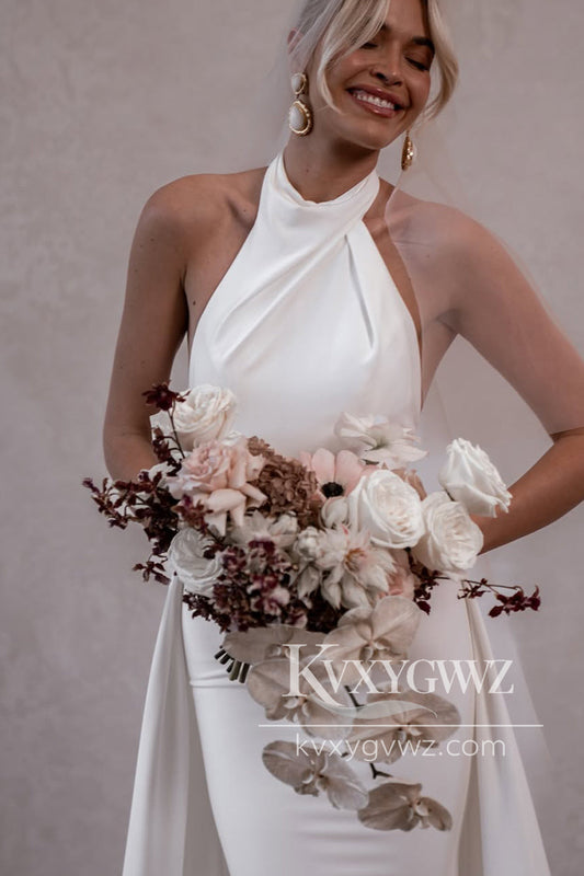 Mermaid Halter Elastic Satin Long Wedding Dresses Gown With Train HS833