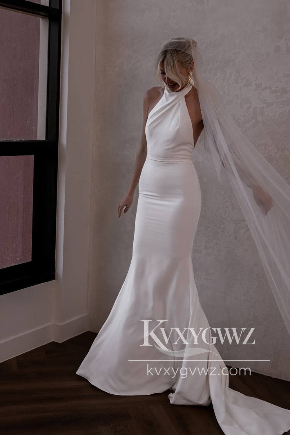 Mermaid Halter Elastic Satin Long Wedding Dresses Gown With Train HS833