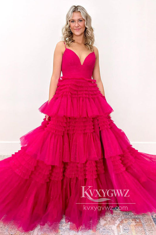 Fuchsia V Neck Evening Gown Ruffles Tiered Tulle Long Prom Dress with Slit LF834