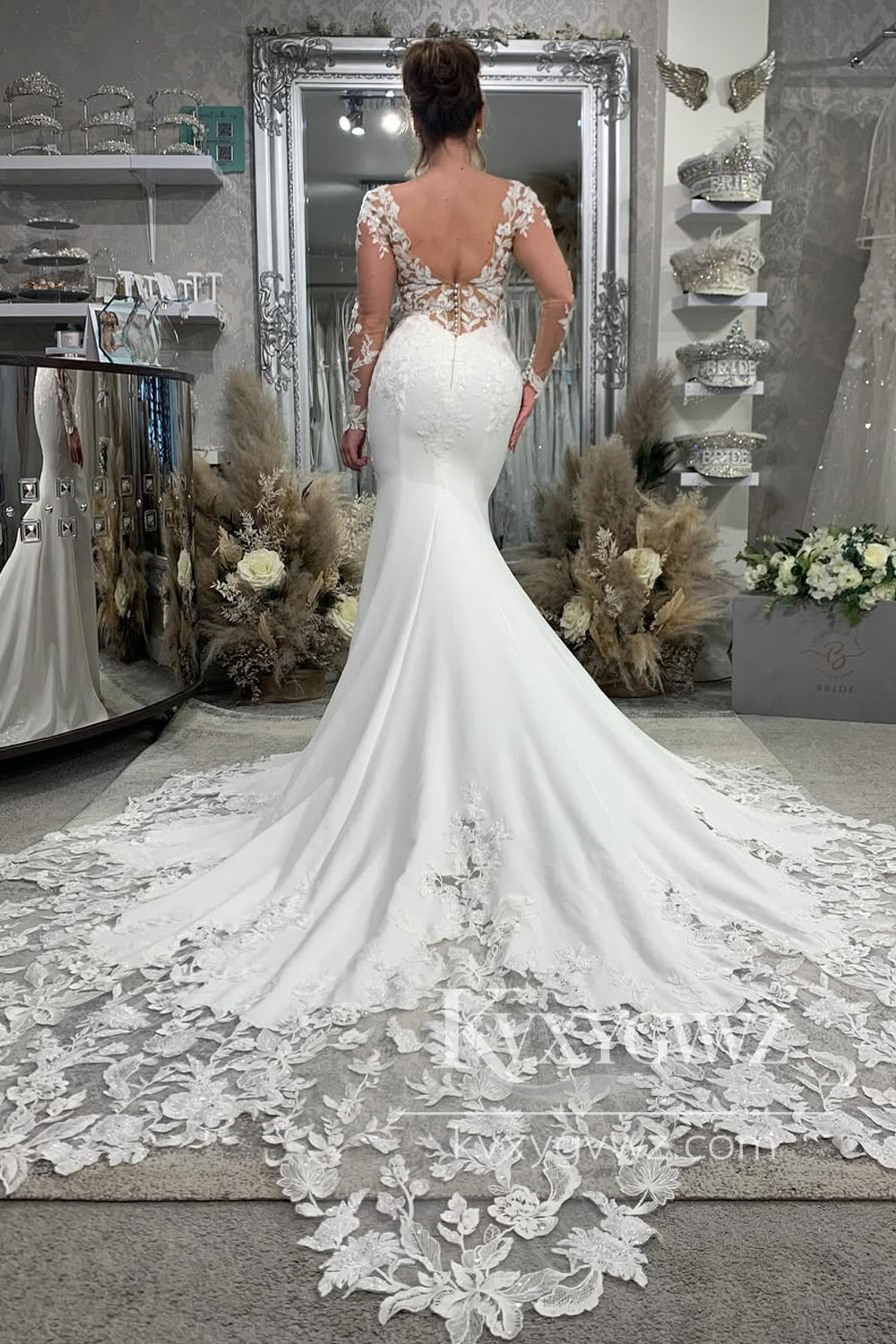 Dazzling Mermaid V Neck Elastic Satin Wedding Dresses Gown with Appliques HS834