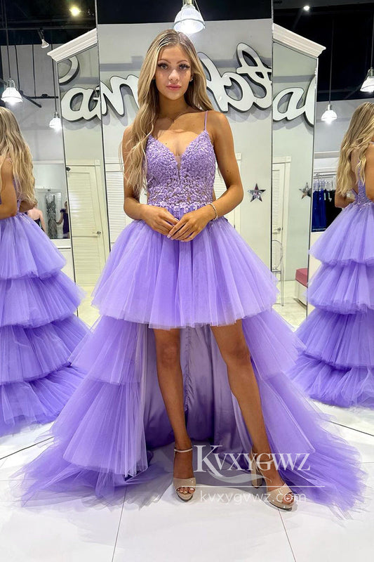 Lilac Tulle V Neck Evening Gown High Low Prom Dress with Appliques LF835